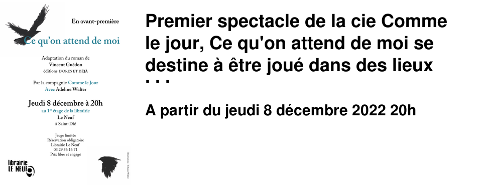 Premier spectacle de la cie Comme le jour, Ce qu'on attend de moi se destine � �tre jou� dans des lieux non-d�di�s au spectacle vivant. Collaboration artistique : Alexia Vidal Jeu : Adeline Walter Une femme fait le r�cit d'une prise d'otage. Il ne s'agit pas d'une banque. C'est une agence pour l'emploi. Un matin, arm�e d'une fausse arme, elle entre dans l'agence et prend en otage ses employ�e�s, sa directrice. Que veut-t-elle ? De l'argent ? Du travail ? Non. Elle veut prendre la parole.