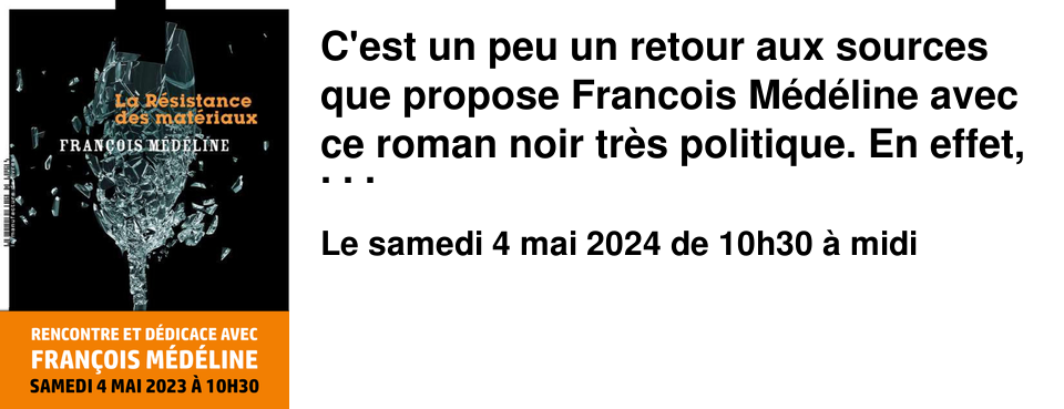 C'est un peu un retour aux sources que propose Francois M�d�line avec ce roman noir tr�s politique. En effet, l'�crivain alternait plut�t, jusque-l�, les romans politiques et historiques consacr�s � la Seconde guerre mondiale et � l'�puration. Dans La R�sistance des mat�riaux, son septi�me roman, publi� � la Manufacture de Livres, l'auteur a choisi de librement s'inspirer de l'Affaire Cahuzac.